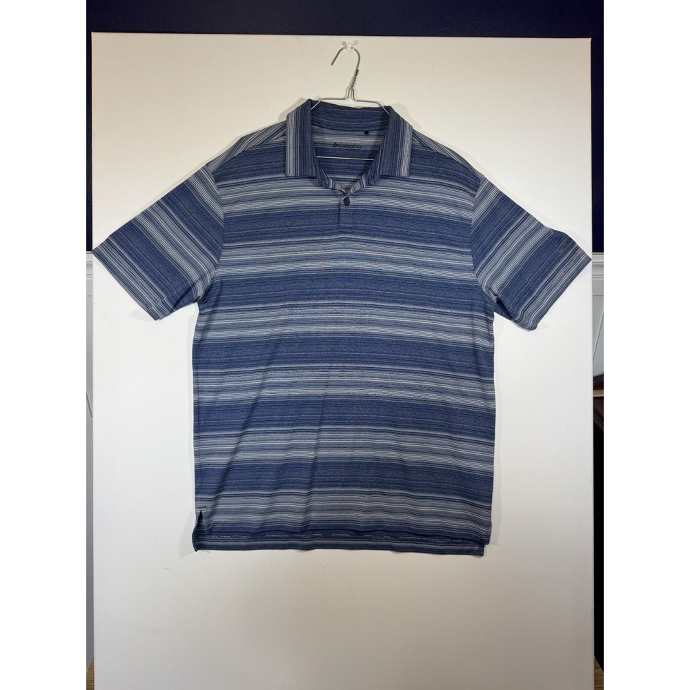 Columbia Golf Polo Mens L Shirt Blue White Stripe Athliesure Stretch Omni Wick